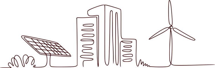 Minimalist Line Art of Sustainable Cityscape with Solar Panel and Wind Turbine