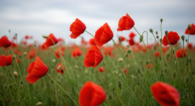 Vivid red poppies field for Remembrance Day 11, flowers stand tall against cloudy sky in solemn tribute. Poppies blooming evoke Remembrance Day 11, symbolizing respect and sacrifice.
