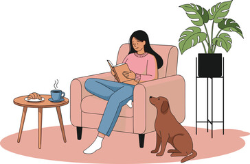 Woman reading book at home, cozy living room scene with dog, armchair, coffee table and houseplant, relaxing lifestyle illustration