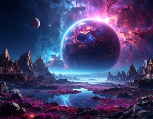 Surreal space landscape with planets, nebulae, and alien terrain