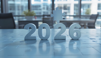 3D puzzle number 2026 standing on glossy conference table with floating piece above