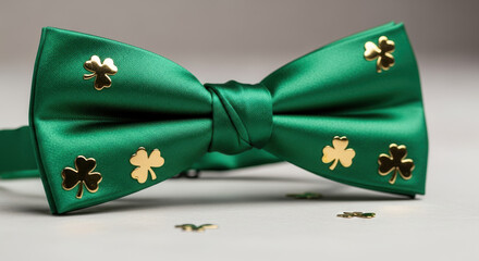 Festive St. Patrick's Day bow tie decorated with shamrocks for holiday celebration. St. Patrick's Day fashion accessory brightens any outfit with lucky shamrocks for parade or party. Celebrating St.