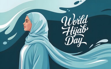 Woman wearing a light blue hijab with flowing fabric and world hijab day text