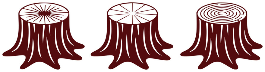 Three stylized tree stumps with different top patterns radial lines, segmented lines, and a maze