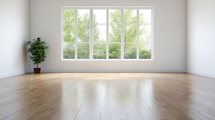 Airy bright interior with large window and single plant creating calm stillness