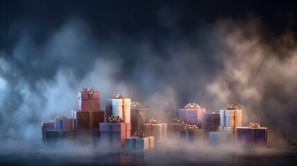 Collection of beautifully wrapped gift boxes amidst swirling fog, evoking mystery and anticipation with soft lighting and misty atmosphere, ideal for holiday themes