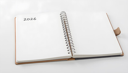 Spiral notebook open with 2026 written on blank page under soft lighting and shallow focus