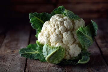 Fresh cauliflower on rustic wooden surface with green leaves in low light, creating a natural and organic feel, perfect for farm-to-table cooking or healthy recipes