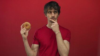 Young man holding a glazed donut and hand on chin in a pensive pose against a red studio wall; curiosity.