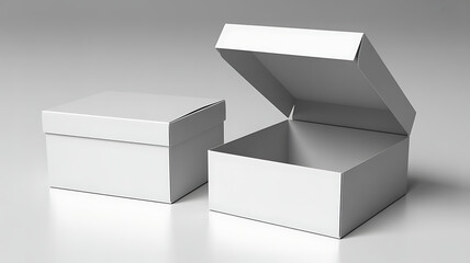 Two white cardboard boxes, one closed and one open, isolated on white background, casting soft shadows