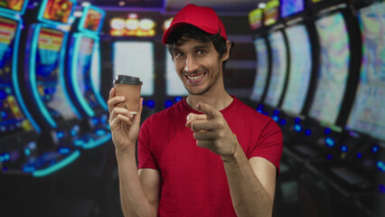Man holds coffee cup and points finger by slot machines in casino while winking; playful invitation.