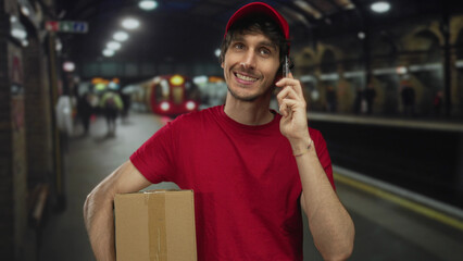 Man holds cardboard box with one arm and talks on phone at train station; efficiency reliability service.