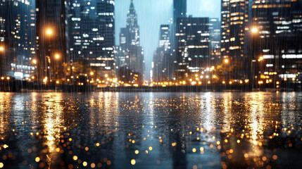 Rainy city street night lights reflection bokeh atmospheric wet pavement nostalgic