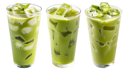 Iced matcha green tea latte with ice cubes in tall glass, isolated on white background, concept of summer beverage