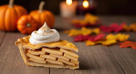 Thanksgiving apple pie with whipped cream and pumpkins for seasonal dessert. Thanksgiving centerpiece enhances festive atmosphere with pumpkins, candles, and fall foliage decorations.