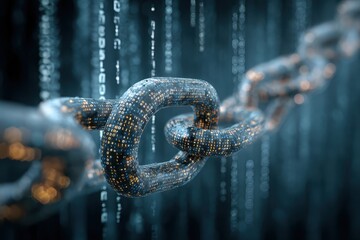 Conceptual representation of a blockchain security chain illustrating connectivity, data integrity, and decentralized technology