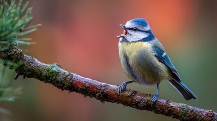 Fototapeta premium Blue tit singing happily on a branch surrounded by vibrant autumn colors in a tranquil forest setting