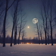 Hello winter season with winter trees background in the night