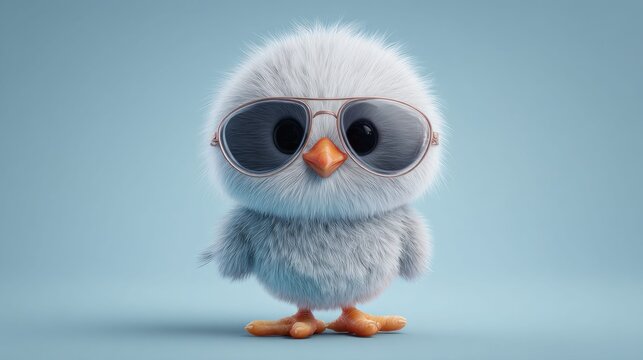 Adorable chick wearing aviator sunglasses on a soft blue background