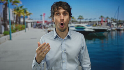 Fototapeta premium Young man in light blue shirt finger to lips gesture on street by docked boats and palm trees; silence surprise.