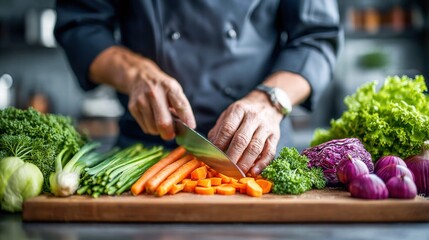 Chef meticulously chopping fresh carrots on a wooden cutting board in a kitchen setting.