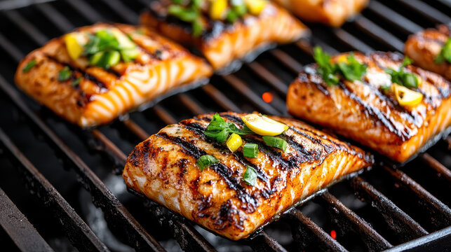 Grilled salmon fillet with char marks and scallion garnish, savory summer barbecue