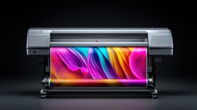 Large format printer printing colorful abstract design on a roll of paper