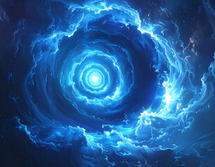 Surreal digital art of a blue vortex, swirling cloudscape, and light