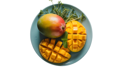 Fresh ripe mango fruit whole and sliced artistically on a teal plate