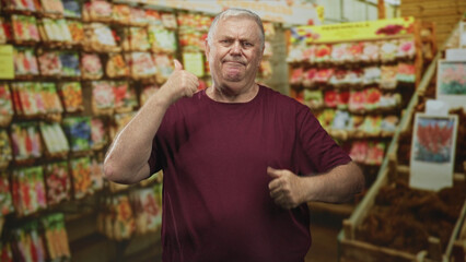 Senior man showing thumbs up wearing maroon shirt in a building seed display aisle; approval optimism.