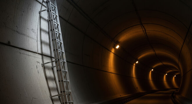 Inside industrial tunnel, ladder ascending wall in dimmed light. Industrial tunnel construction features safety ladder reaching exit in distant perspective.