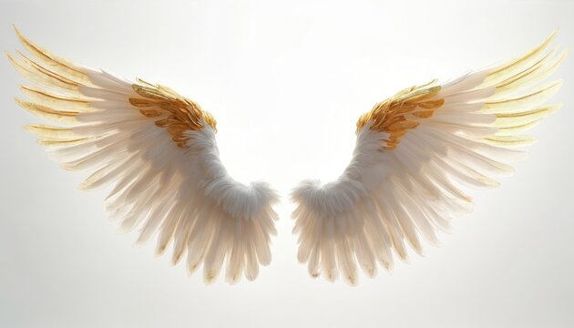 Illustration presents symmetrical pair of angelic wings. Feathers white with golden gradient. Symbol of flight, spirituality, freedom, dream hope. Wings perfect for greeting card, tattoo design art