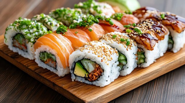 Fresh sushi roll platter with salmon avocado eel and sesame garnish