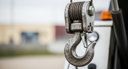 Close up tow hook on towing vehicle shows detail of mechanism. Tow hook is essential piece of equipment for roadside assistance, aiding stalled vehicles. Dependable tow hook for support.