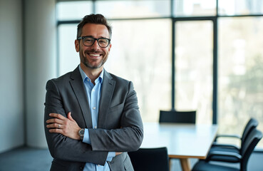 Fototapeta premium Man in suit smiles confidently. Businessman with arms crossed stands in modern office. Male pro ready for meeting. He wears glasses and a watch.
