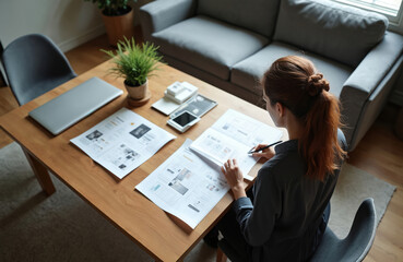 Woman designer sketches website wireframes on paper at wooden desk. Planning digital project layout, creating user interface structure. Focused work on UX design elements.