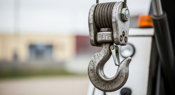 Close up tow hook on towing vehicle shows detail of mechanism. Tow hook is essential piece of equipment for roadside assistance, aiding stalled vehicles. Dependable tow hook for support.