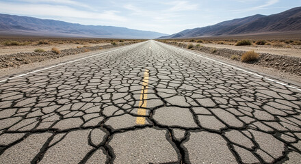 Cracked road stretches into the distance, showing wear and tear in desert environment. Cracked road reveals fissures and breaks in asphalt surface, symbolizing vulnerability and challenge.
