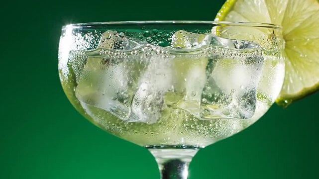 Refreshing fizzy drink with ice and lime in an elegant glass on a vibrant green background, perfect for summer hydration
