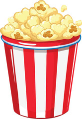 A vibrant red and white striped bucket overflows with fluffy golden yellow popcorn