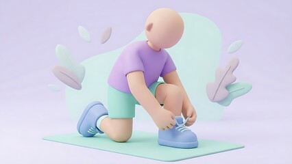 Stylish 3D character tying shoelaces for a workout in a modern scene promotes fitness and healthy lifestyle choices with a pastel color palette