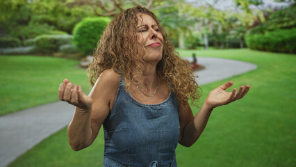 Woman pinches nose with hand and raises arm on forest path, facial grimace and turned head toward a...