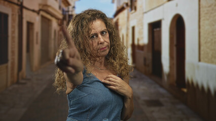 Woman in denim dress points a finger directly at camera while pressing her hand to her chest on a...