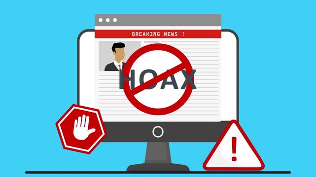 4k animation of computer screen with a breaking news and no hoax symbol, warning signs, and news content. Representing fake news prevention, misinformation alerts, and online information safety.