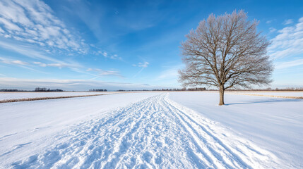 Obraz premium Snow covered field with lone leafless tree under blue sky, peaceful winter landscape