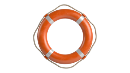 Bright orange lifebuoy ring with white stripes isolated on a black background