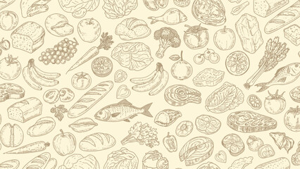 Seamless Sketch Pattern Featuring Food Elements such as Fruits Vegetables and Protein
