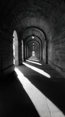 Obraz premium Black And White Arched Corridor With Shadows And Sunlight In Architectural Structure