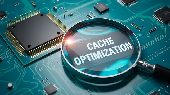 Magnifying glass highlighting cache optimization on computer circuit board
