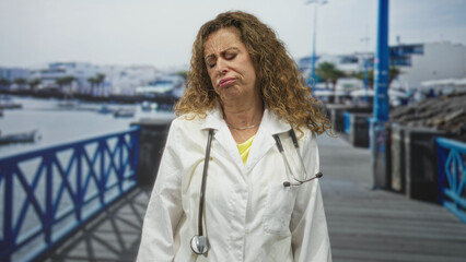 Woman doctor with stethoscope frowning and looking down on a street boardwalk near a marina pier;...